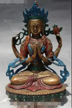 

8" Tibet Buddhism Bronze Painting Seat 4 arms Chenrezig Buddha Goddess Statue