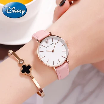 

Disney Mickey Woman Leather Band Japan Quartz Watch Women Round Luxury Rhinestone Water Resistant Simple Wristwatch Girl Clocks