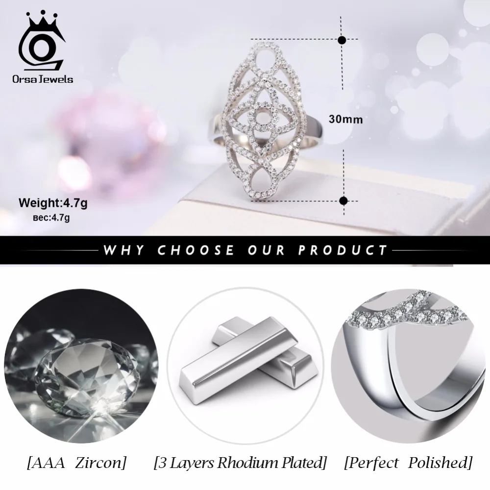 ORSA JEWELS Luxury Women Rings Unique Shape Wedding Band AAA Cubic Zircon Silver Color Engagement Ring For Female Jewelry AOR46