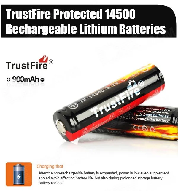 2 шт./лот TrustFire защищенные 14500 3,7 V 900mAh перезаряжаемые литиевые батареи для фонарей