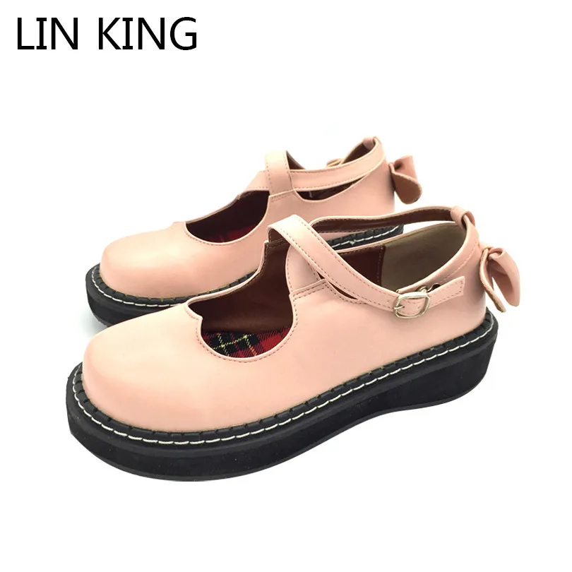 

LIN KING New Retro Wedges Women Pumps Sweet Bowtie Lolita Shoes Fashion Buckle Platform Boots Thick Sole Cosplay Party Shoes