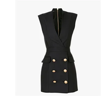 

New spring summer custom double-breasted suit black jumper Sleeveless v-neck female waist dress