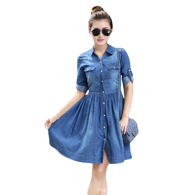 

Summer Denim Turn-down Collar Dress 2017 New Cute Brief Work Women Plus size 4XL Vestiti estivi donna Cowboy Button Dress WW06