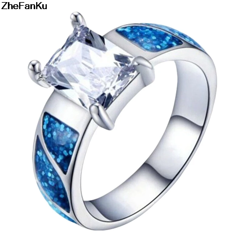 Blue Square Zircon Rings Blue Opal Ring For Female Wedding