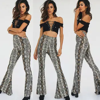 

HIRIGIN Newest Women's Snake Skin Python Printed High Waist Stretchy Bottoms Long Casual Loose Flares Pants