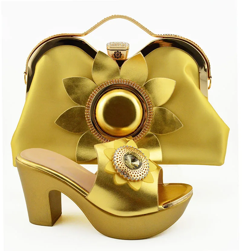 

Gold Color Italian Shoe with Matching Bags High Quality African Shoe and Bag Set for Party In Women Nigerian Shoes and Bag Set
