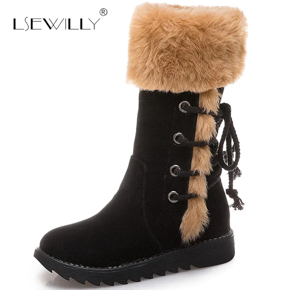 

Lsewilly keep warm winter snow boots women round toe flock platform boots lace up fashion comfortable mid calf boots E140