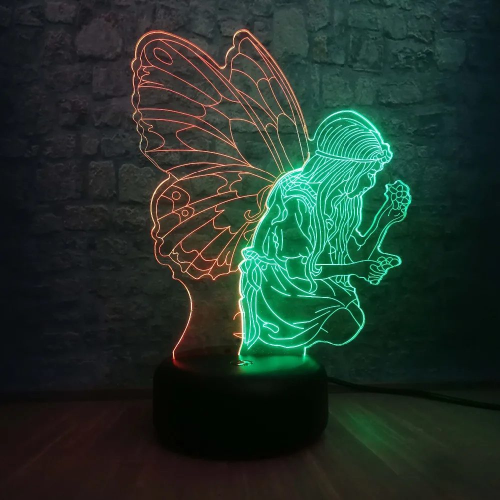Смешанный Цвет Бабочка фея девушка крыло ночной Светильник 3D версия лампы ребенка Спящая Настольная лампа Декор на день рождения детей Подарки