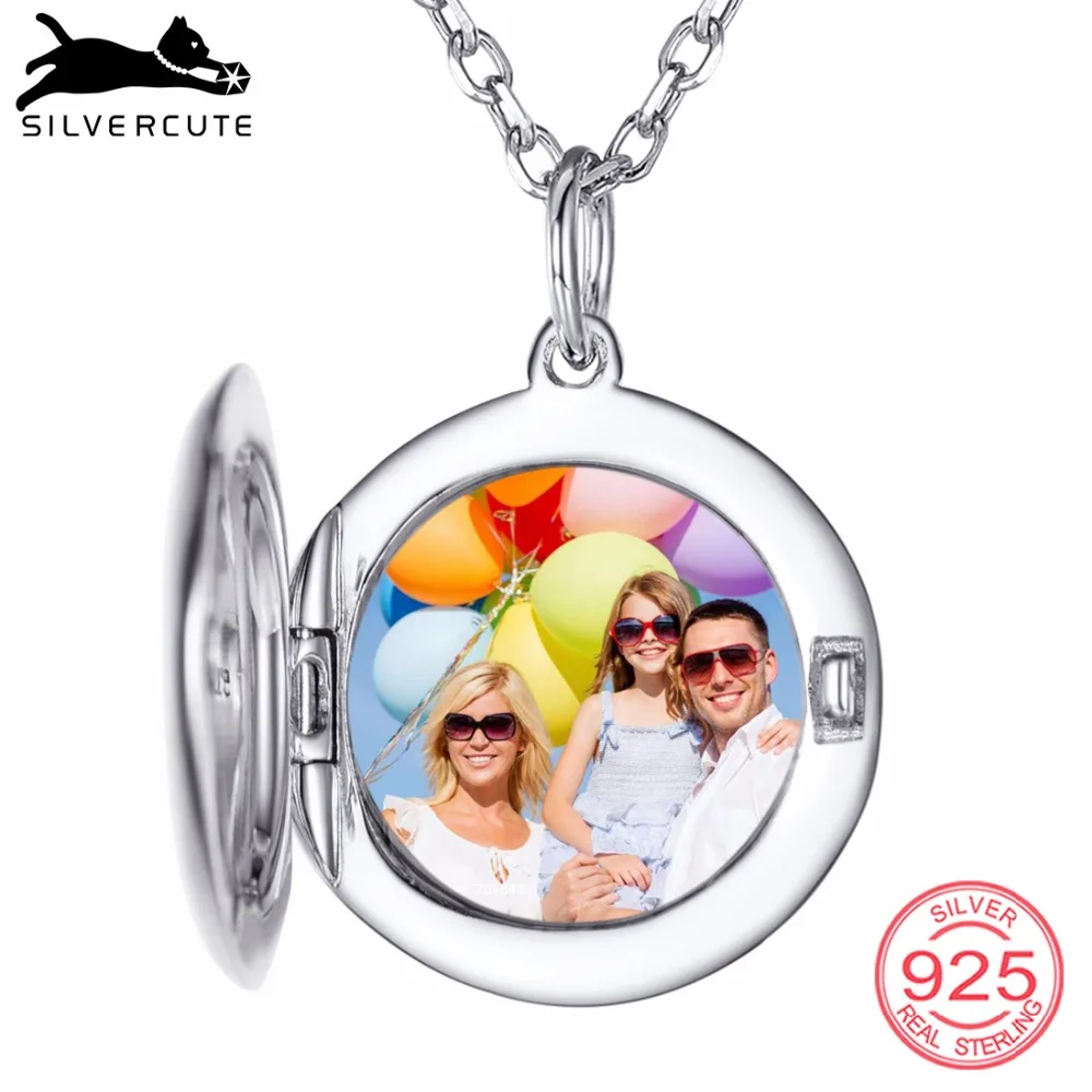 

SILVERCUTE Customize Round Locket Necklace Photo Engraved 925 Sterling Silver Gold Color Fashion Personalized Gift SCIP6501B