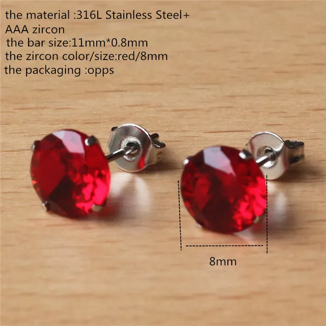 316 L Stainless Steel With 8mm Round AAA Red Zircon Stud