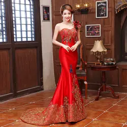 Модные вышитое платье-чанпао платье Для женщин китайское традиционное платье длинные Cheongsams вечернее платье Красный Свадебное платье S M L XL