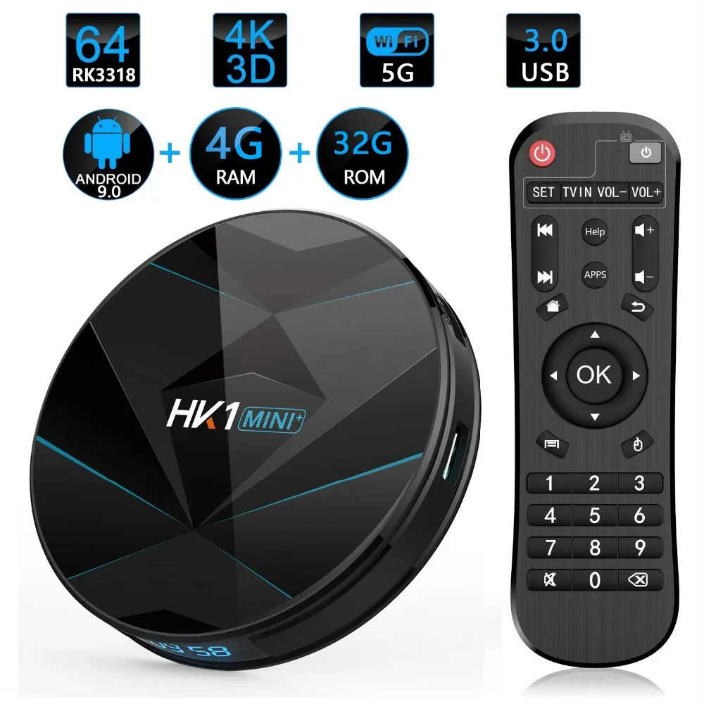 ТВ приставка HK1 MINI + Smart TV Box Android 9 0 4 ГБ 64 RK3318 1080p 4K Wi Fi Google Play Netflix телеприставка