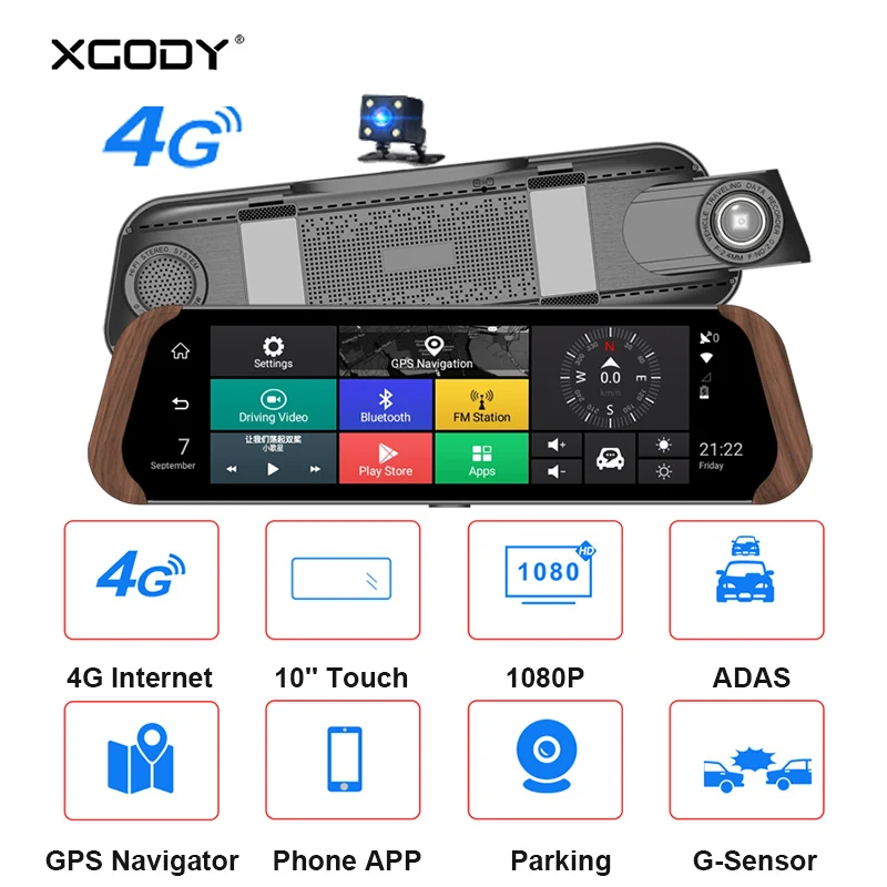 

Xgody 10" Adas Rear View Mirror Dash Cam 4G Android Dvrs 1080p Auto Registrar Video Recorder Dashcam Gps Navigation Dual Lens