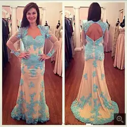 Vestido де феста 2016 sky blue lace appliques пром dress открыть назад sexy бисером пром платья с длинным рукавом вечерние платья