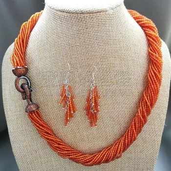 

S100301 20" 20 Strands 2mm Orange Necklace Earrings Set