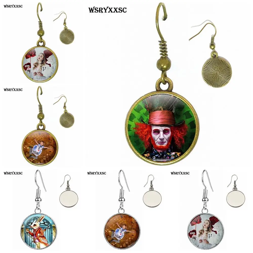 

EJ Glaze Alice In Wonderland Design Fashion Glass Cabochon Bronze/Silver/Golden Clip Ear Hook Drop Earrings Vintage For Child