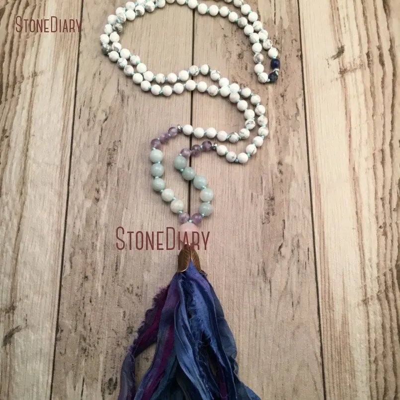 20180313-NM11111-Gemstone Mala Necklace Sari Silk Tassel 108 Mala Necklace Mala Beads Boho Tassel Amethyst and Amazonite Hand Knotted Yoga Jewelry Lotus