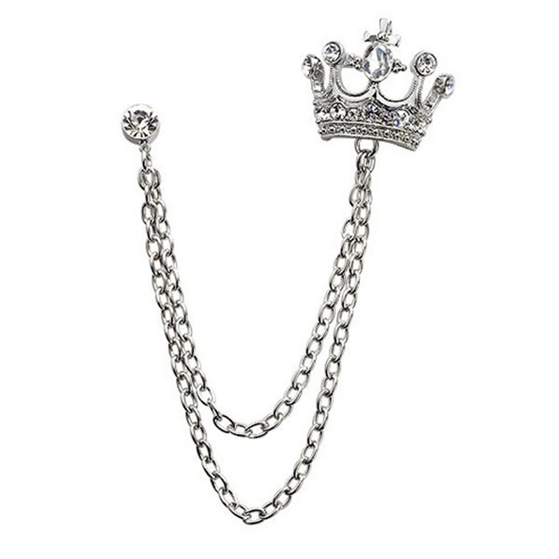 fashion unisex jewelry lapel pin rhinestone silver crown chain tassel brooch collar jewelry for font b