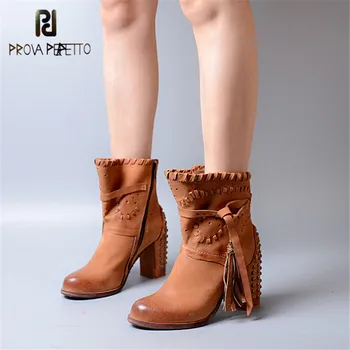 

Prova Perfetto Quality Genuine Leather Sewing Design Rivet Chunky High Heel Ankle Boots Women Round Toe Tassel Zip Martin Boots