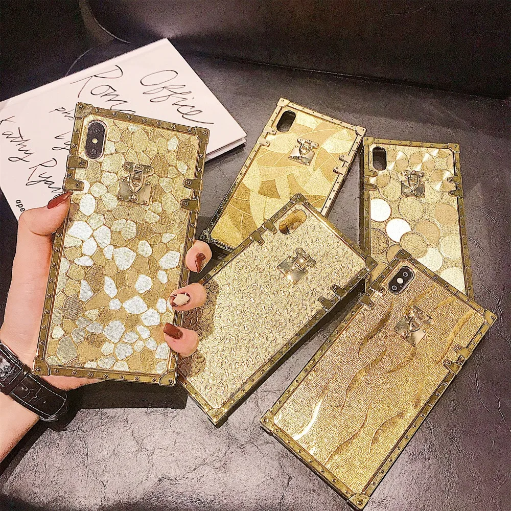 

Golden texture For iPhone 9 10 X XS xs max XR Female mobile phone bags for iPhone 7 8plus Four corners anti fall Square shell