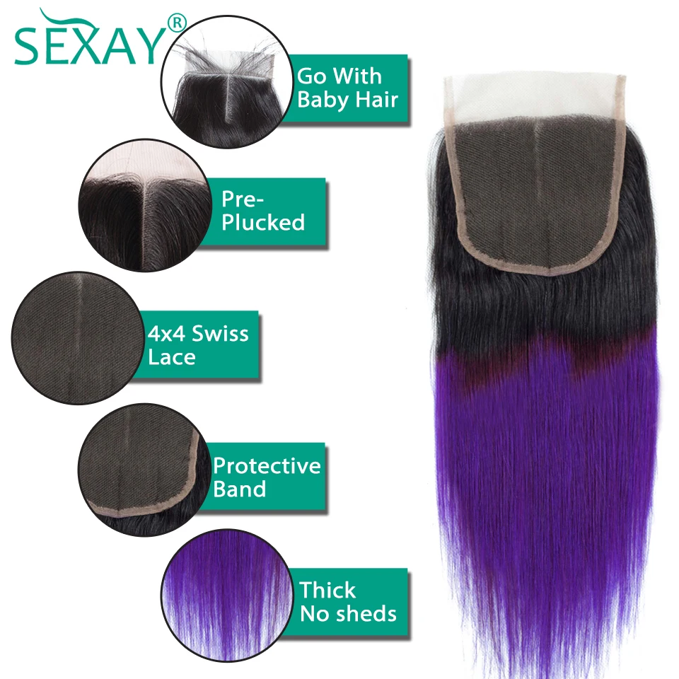 SEXAY Purple Ombre Human Hair Bundles With Closure Pre Colored Brazilian Hair Weave Bundles Straight Hair Bundles With Closure