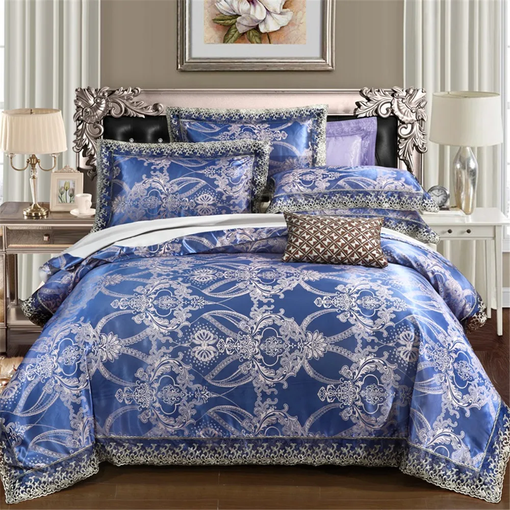 

High-quality Blue Gray Jacquard 4pcs bedding sets queen duvet cover sheet pillowcase blend Fabric luxury bedlinen home textile