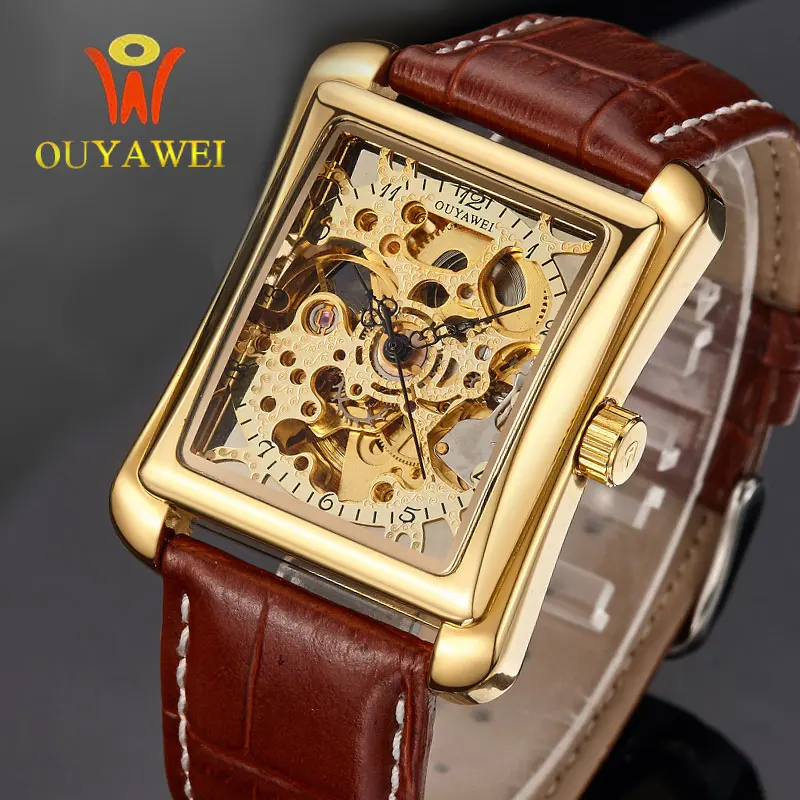 

Brand OUYAWEI 1222 Business Males Watches Vintage Rectangle Case Elegant Men's Mechanical Skeleton Watch relogios masculino