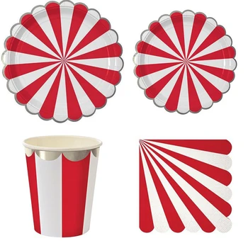 

Silver Foiled Red Striped Paper Party Plates Cup Napkin Silver Foiled Tableware Set For Birthday Baby Shower Decoration