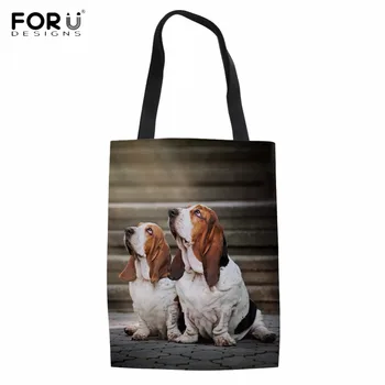 

FORUDESIGNS Funny Animal Dog Basset Print Shopping Tote Bags Cotton Big Capacity Grocery Bags Eco Friendly Shopper Bag Foldable