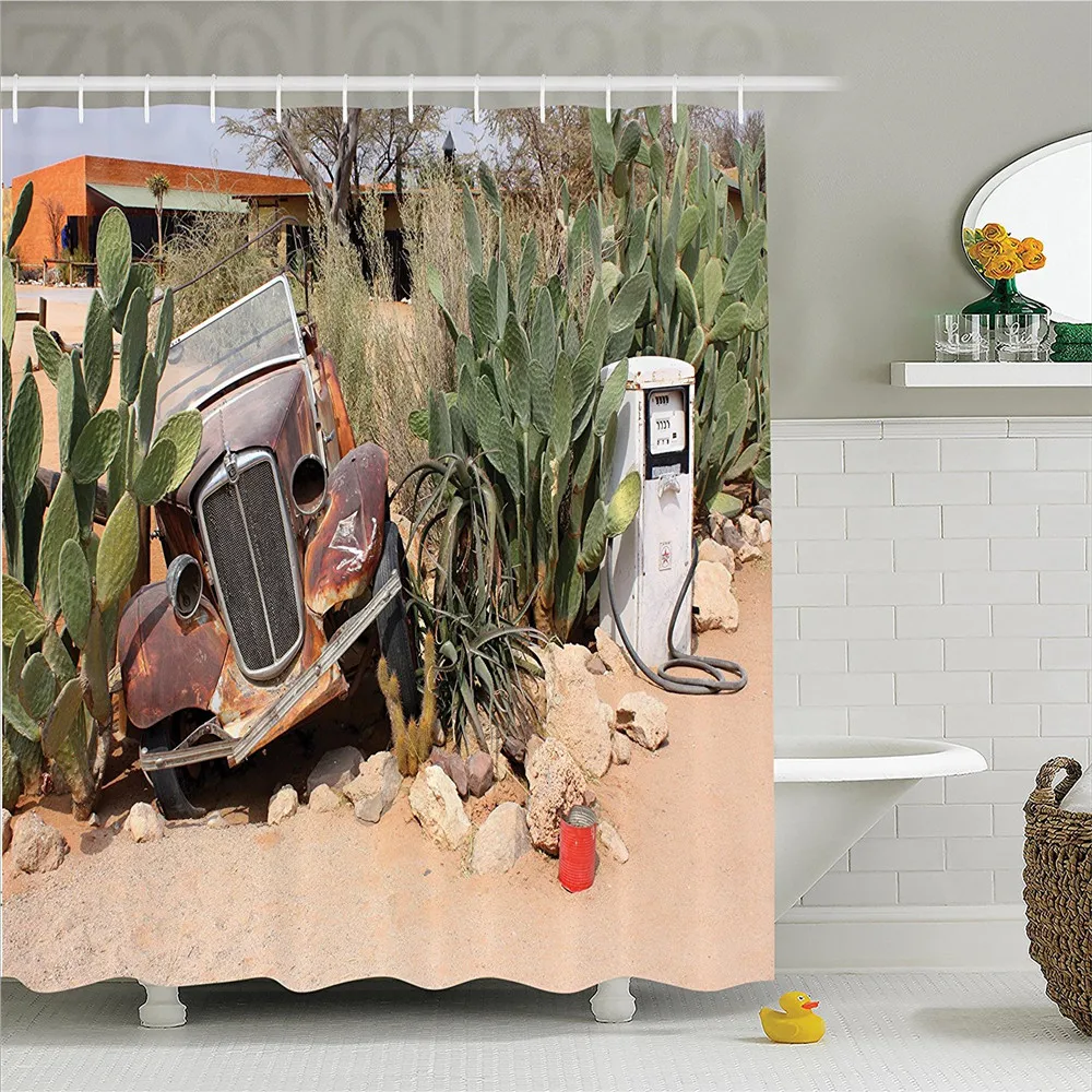 

Vintage Car Shower Curtain Old Broken Car and Desert Plants Gasoline Station Vintage Rusty Vehicle Photo Bathroom Decor Set with