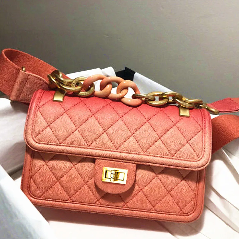 

2019 Early Spring Gradient Color Rhombic Thick Chain Bags Wide Shoulder Strap Cover Bag Shoulder Messenger Bags Leather Handbags