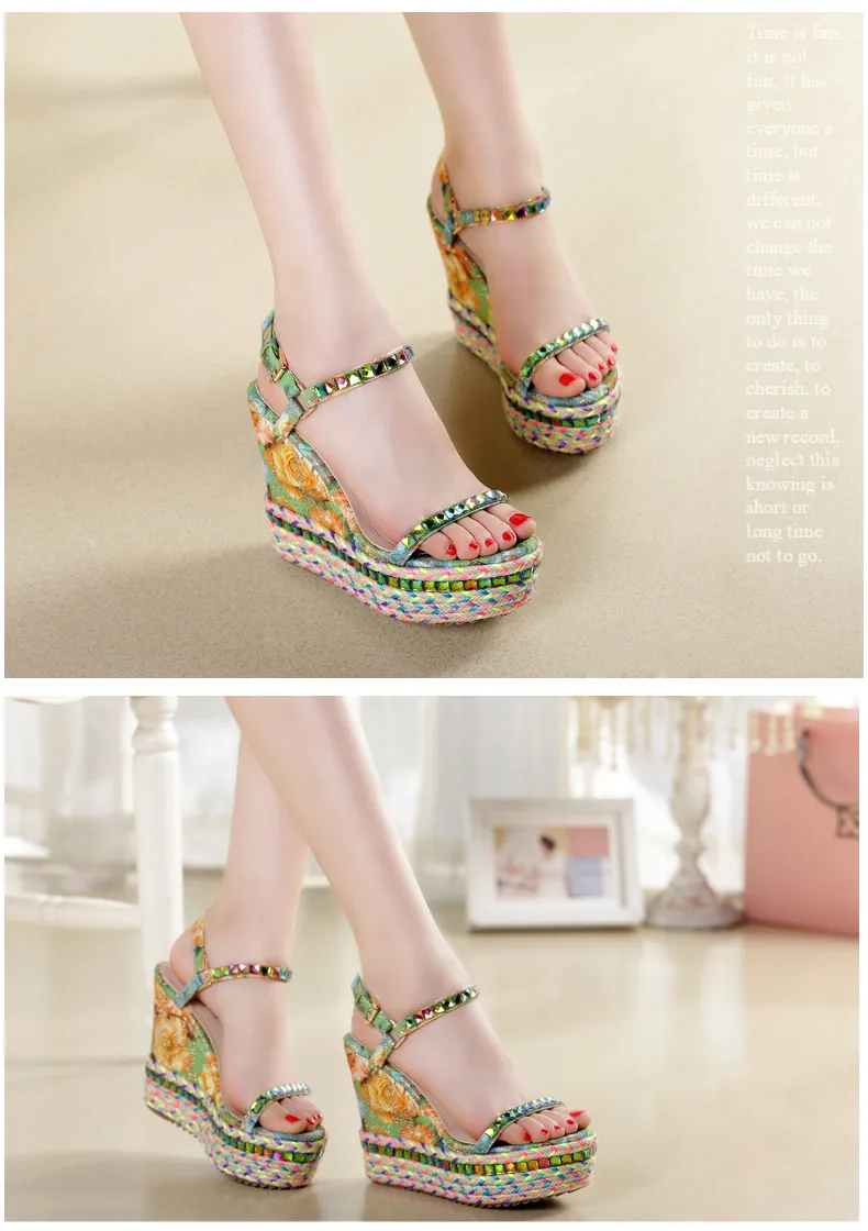 21_2016 Summer New Fashion Rhinestone High Heel Open Toe Sandals Casual Bohemian Wedge Elegant Shoes For Ladies High Quality