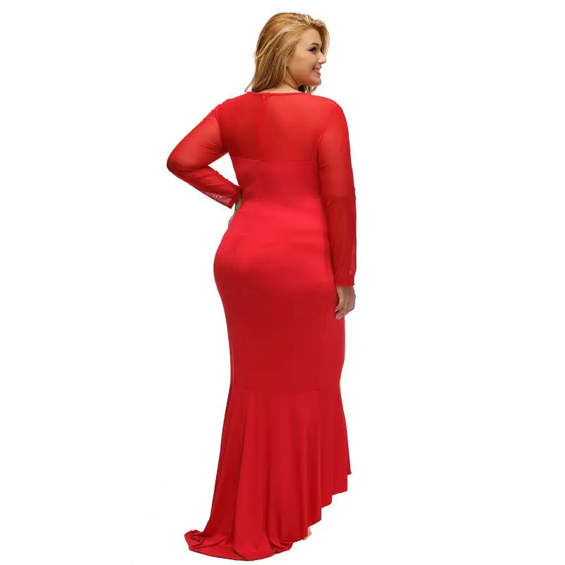 SEBOWEL Pluz Size Long Sleeve Women Bodycon Maxi Party Dress Hi-low Hem Mermaid Oversize Dresses BlackRed XL-XXXL (8)