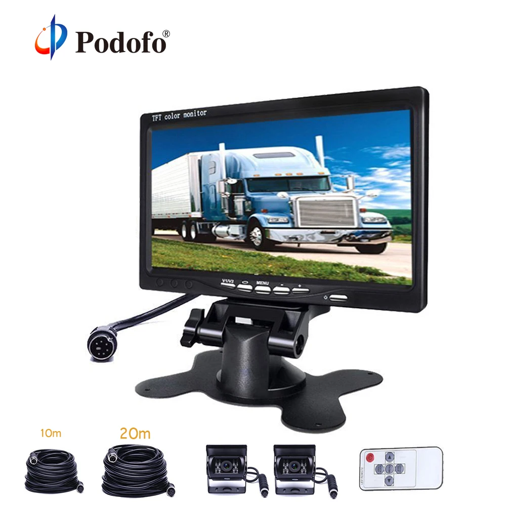 

Podofo Car Monitor 7" TFT Rearview Vehicle + IR LED Night Vision Reverse Camera Video Cables For RV/Bus/Trailer/Truck 10m+ 20m