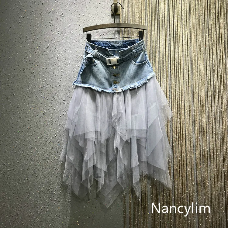 NANCYLIM джинсовая нашивка сетчатая юбка для женщин Лето 2019 г. Новый Высокая талия Нерегулярные средней длины пышная джинсы для