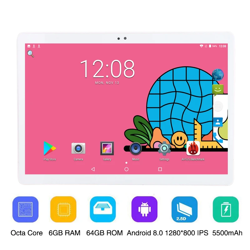 10 дюймов Телефонный звонок Android 8,0 Octa Core 6G 64G планшетный ПК Встроенный 3g 4 аппарат не привязан к оператору сотовой связи 1280x800 ips 2.5D G + сенсорный