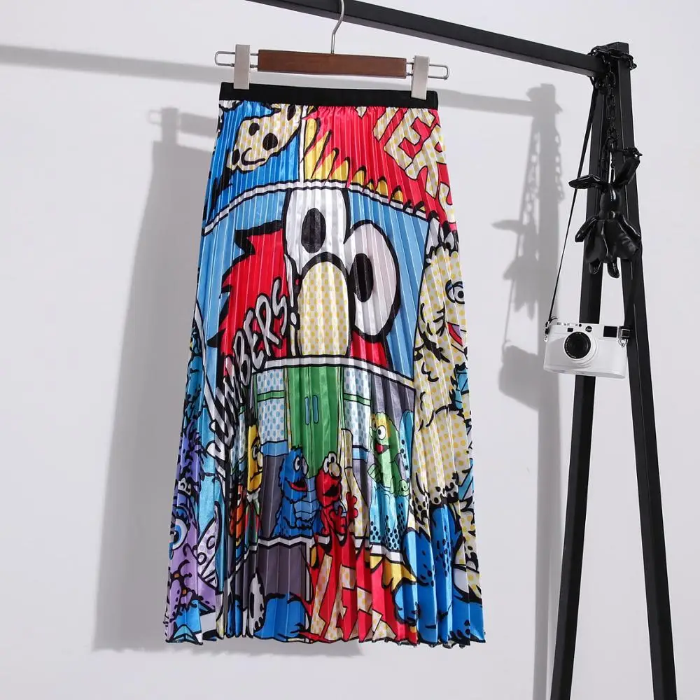 

Limiguyue new fashion cartoon pattern elastic waist women skirt high style a-line mid-calf christmas pleated skirt runway T905