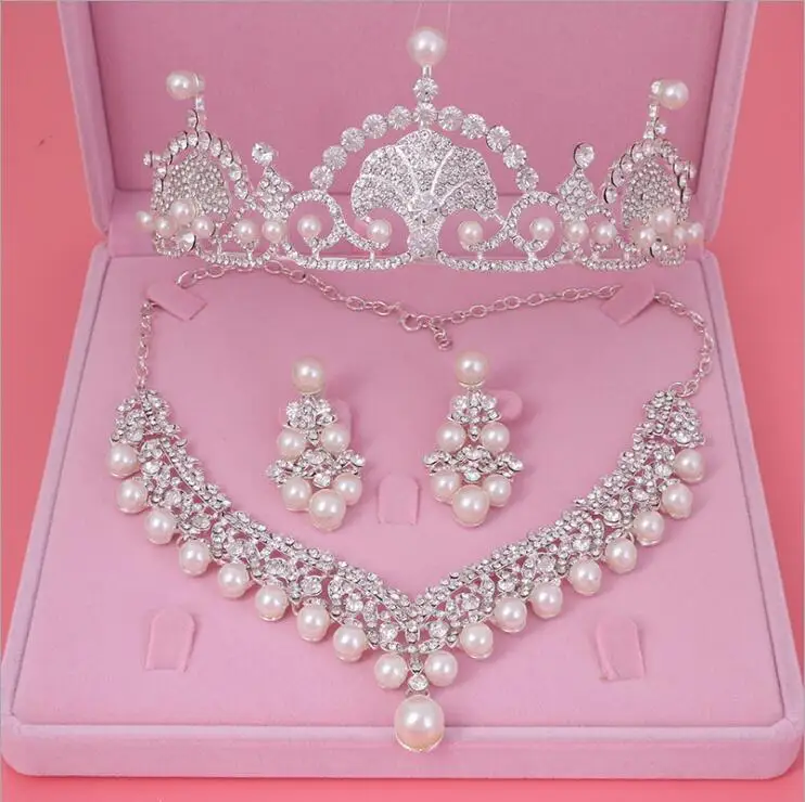  Womens Crystal Pearl Jewelry Hair Crown Headpiece Necklace Pendant Earrings Sets (5)