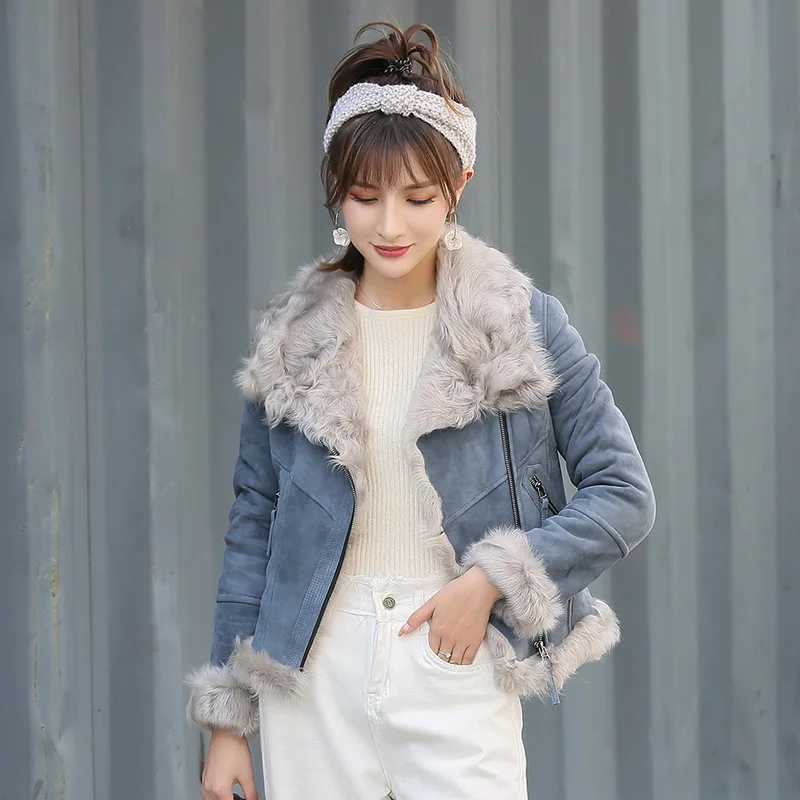 

Popular winter New real fur coat Elegant slim lake sheep leather jacket short two in one genuine leather coat women MWS43