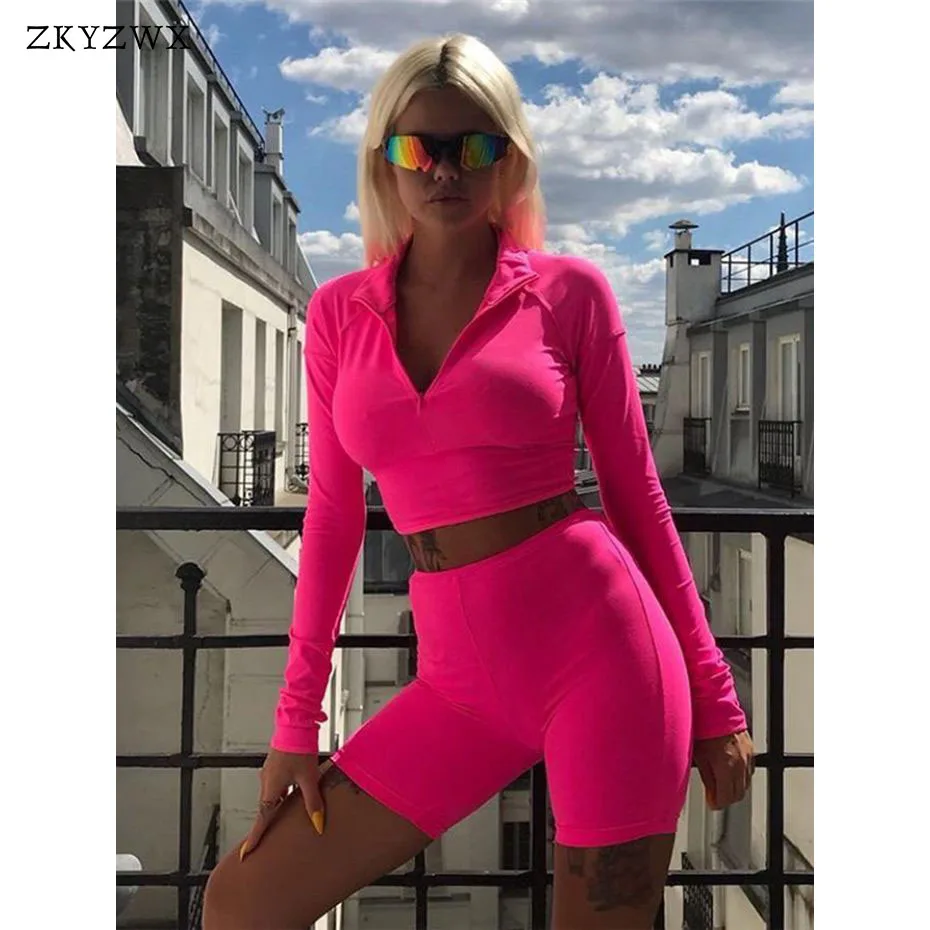 

ZKYZWX Womens Outfits Sporting Short Two Piece Set Crop Top+Biker Shorts Suit Spring Bodycon 2 Pcs Matching Sets Women Tracksuit