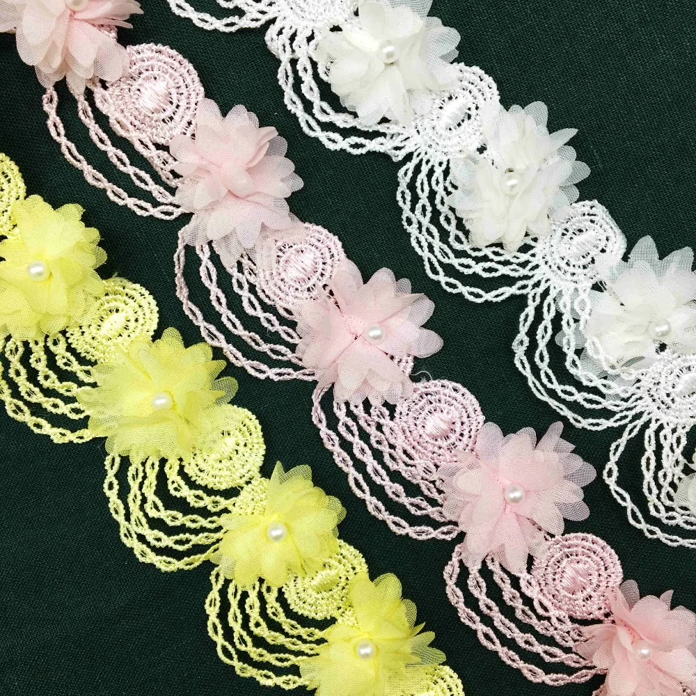

1 yard Chiffon Pearl Flower Tassel Embroidered Fabric Lace Trim Ribbon Handmade DIY Sewing Craft For Costume Hat Decoration