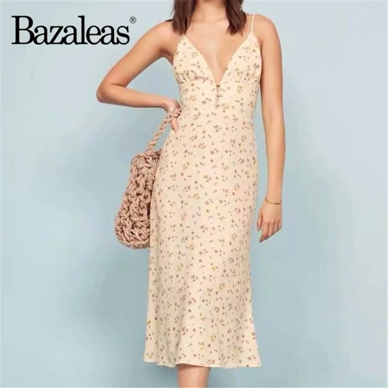 

Bazaleas Sexy Deep V Neck Floral Print summer Dress Vintage Spaghetti straps Midi Dress Fashion Buttons vestidos drop shipping