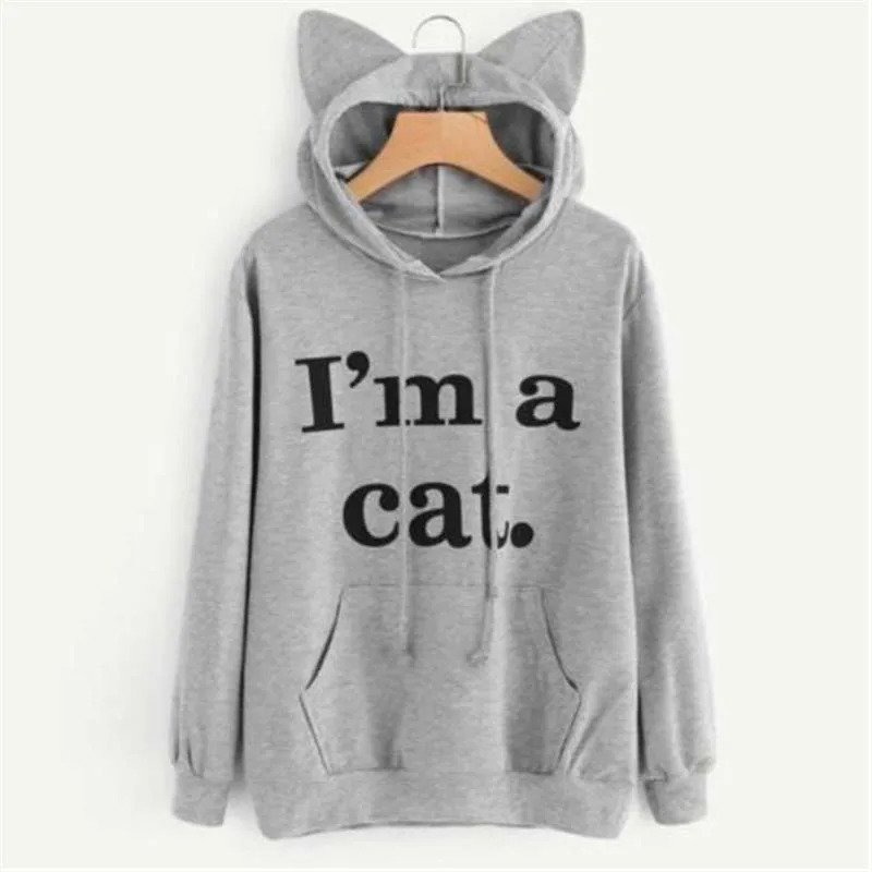 I'm a cat Letter Print Cat Ear Hoodie Regular Full Sleeve Sweet Hooded Pullover Autumn Women Girl Sweatshirt Large Size 2XL - Цвет: Серый