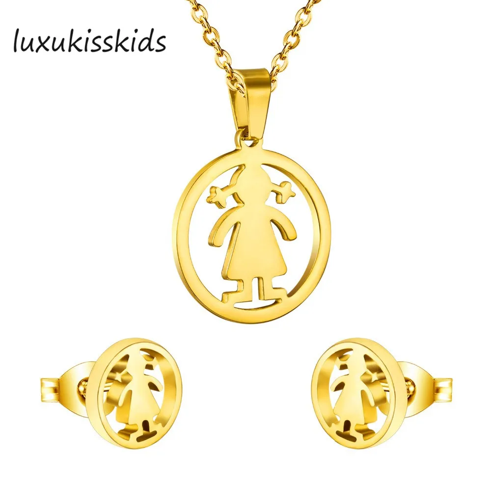 Luxxissids Дубай Африканские Детские ювелирные наборы милая девушка круглый кулон ожерелье серьги из нержавеющей стали комплект ювелирных изделий