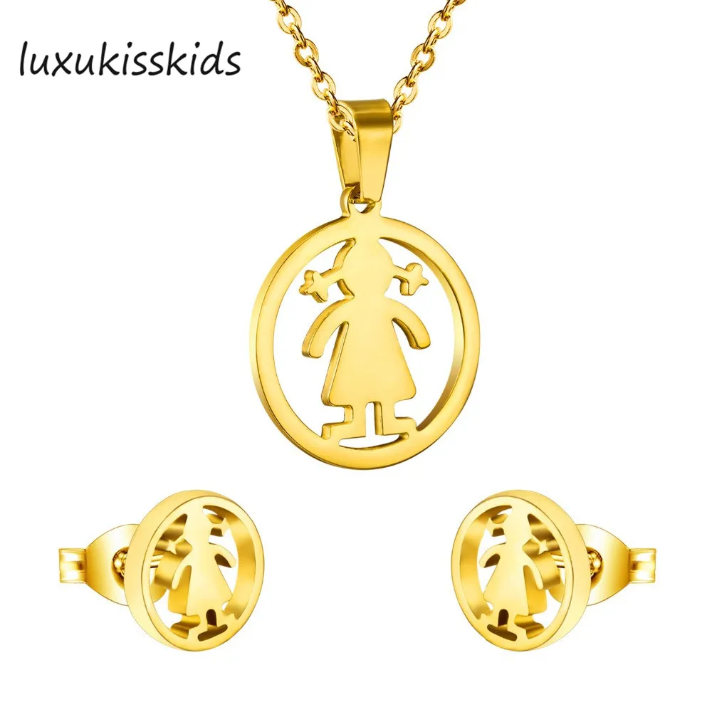 

LUXUKISSKIDS Dubai African Kids Jewelry Sets Lovely Girl Round Pendant Necklace Earrings Stainless Steel Jewelry Set
