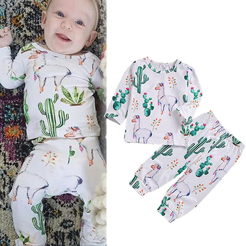 

Baby Girl Boy Clothes Romper Tops+Pants Infant Toddler Cotton Long Sleeve Alpaca Cactus Print Tshirt Trousers Outfits roupa bebe