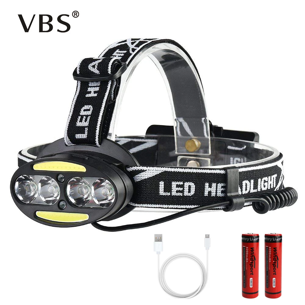 Headlamp Rechargeable Black Light 4*T6 +2*COB+2* Red Led Headlamp With Rechargeable Battery