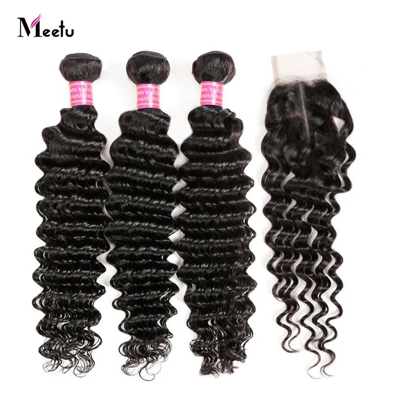

Deep Wave With Closure Sew In Brazilian Hair Weave Bundels With Closure Meetu Human Hair Extensions With Lace Closure Non Remy