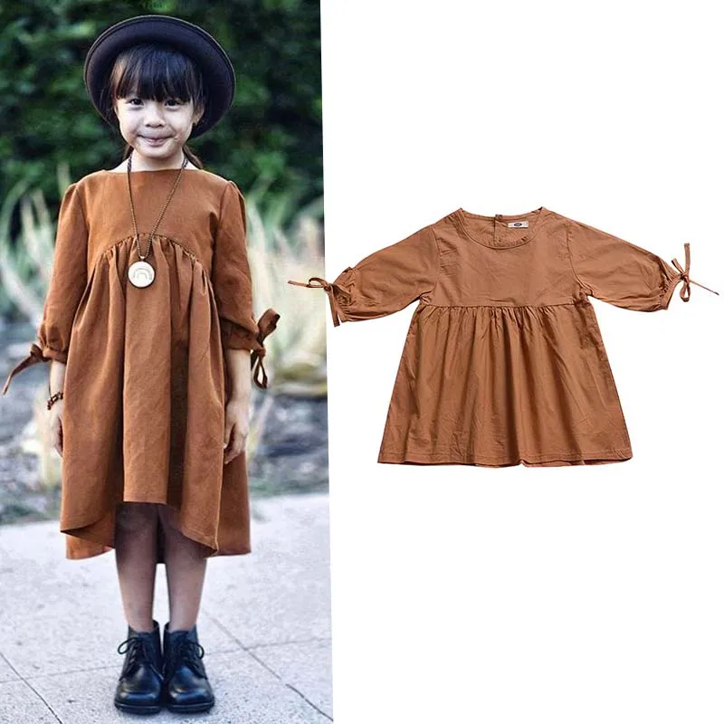 

2019 Summer Kids Girls Casual Dress Costume Baby Solid Print Short Sleeve Cotton Sundress C