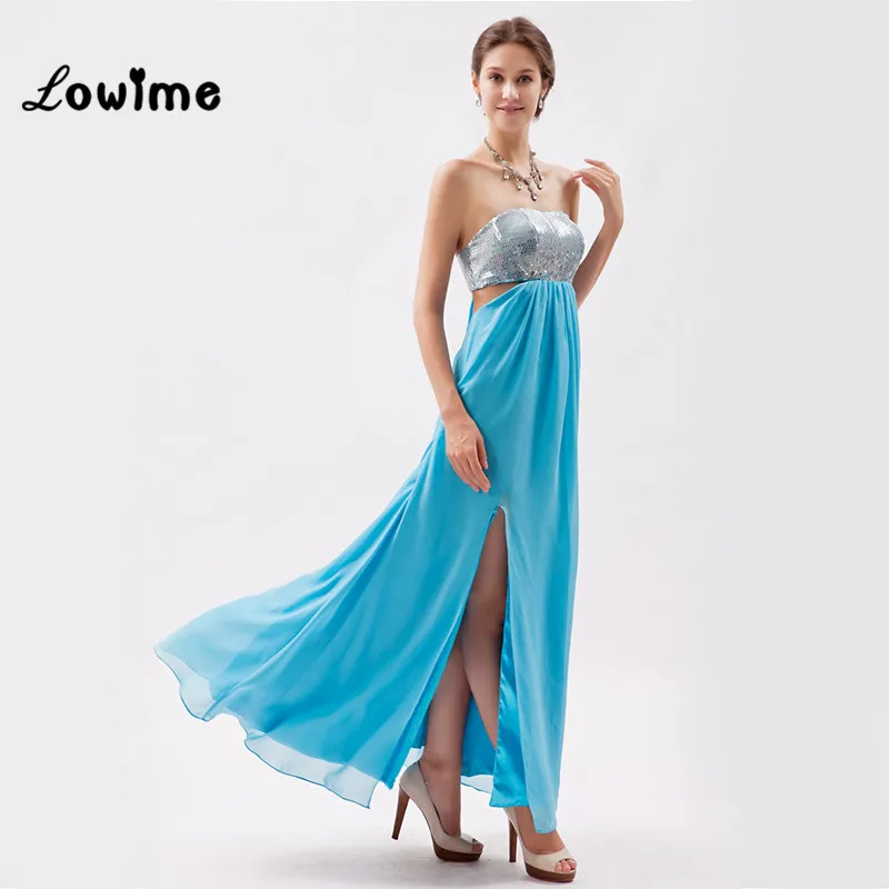 Cheap Sexy Long Baby Blue Sequin Evening Party Dress Chiffon Turkish